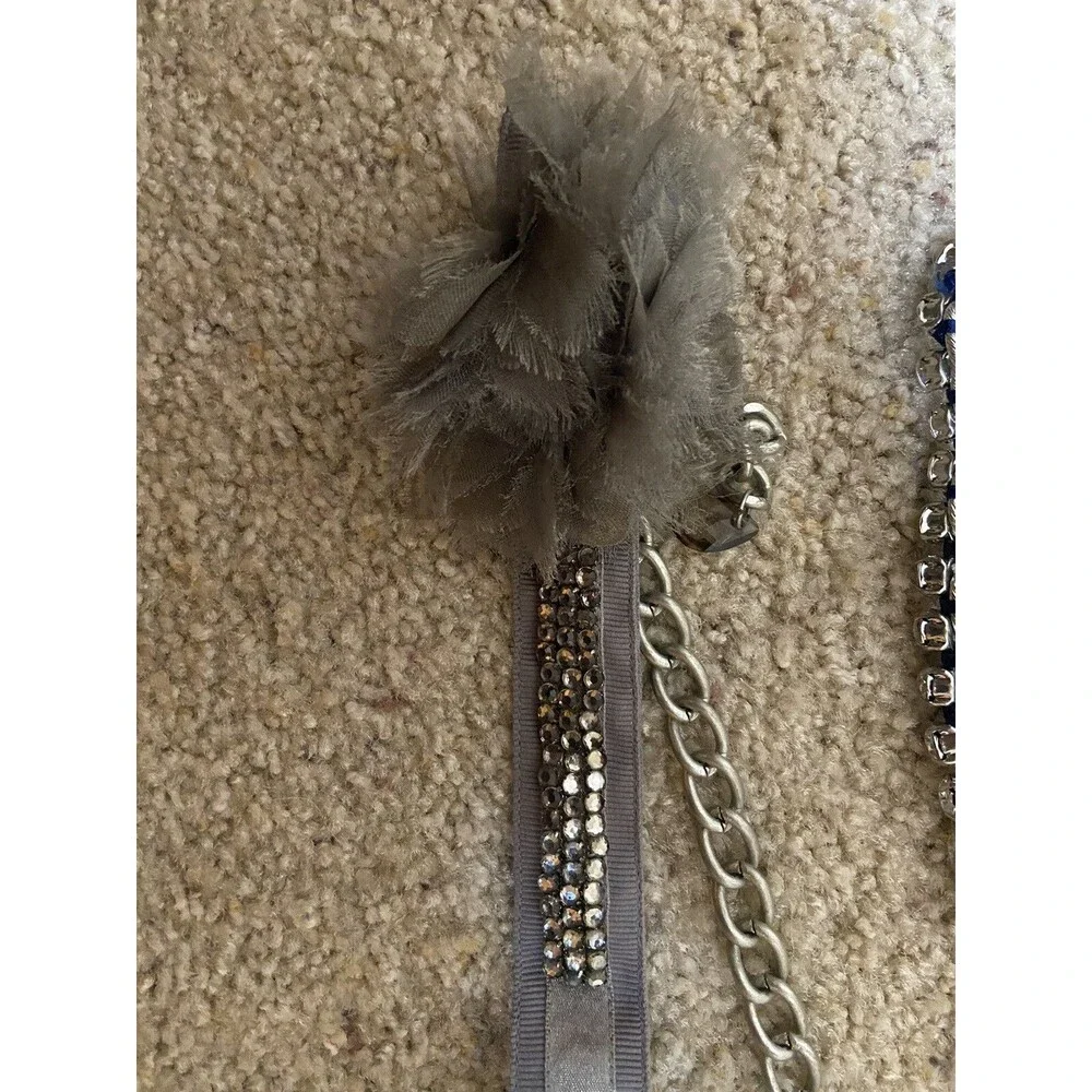 Gray Fabric Belt with Rhinestones, Thin, Silver Chain Flower Accent, Adjustable